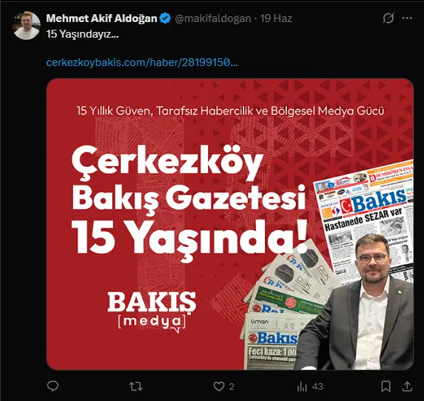 Çerkezköy Bakış Gazetesi 15 yaşında paylaşımı